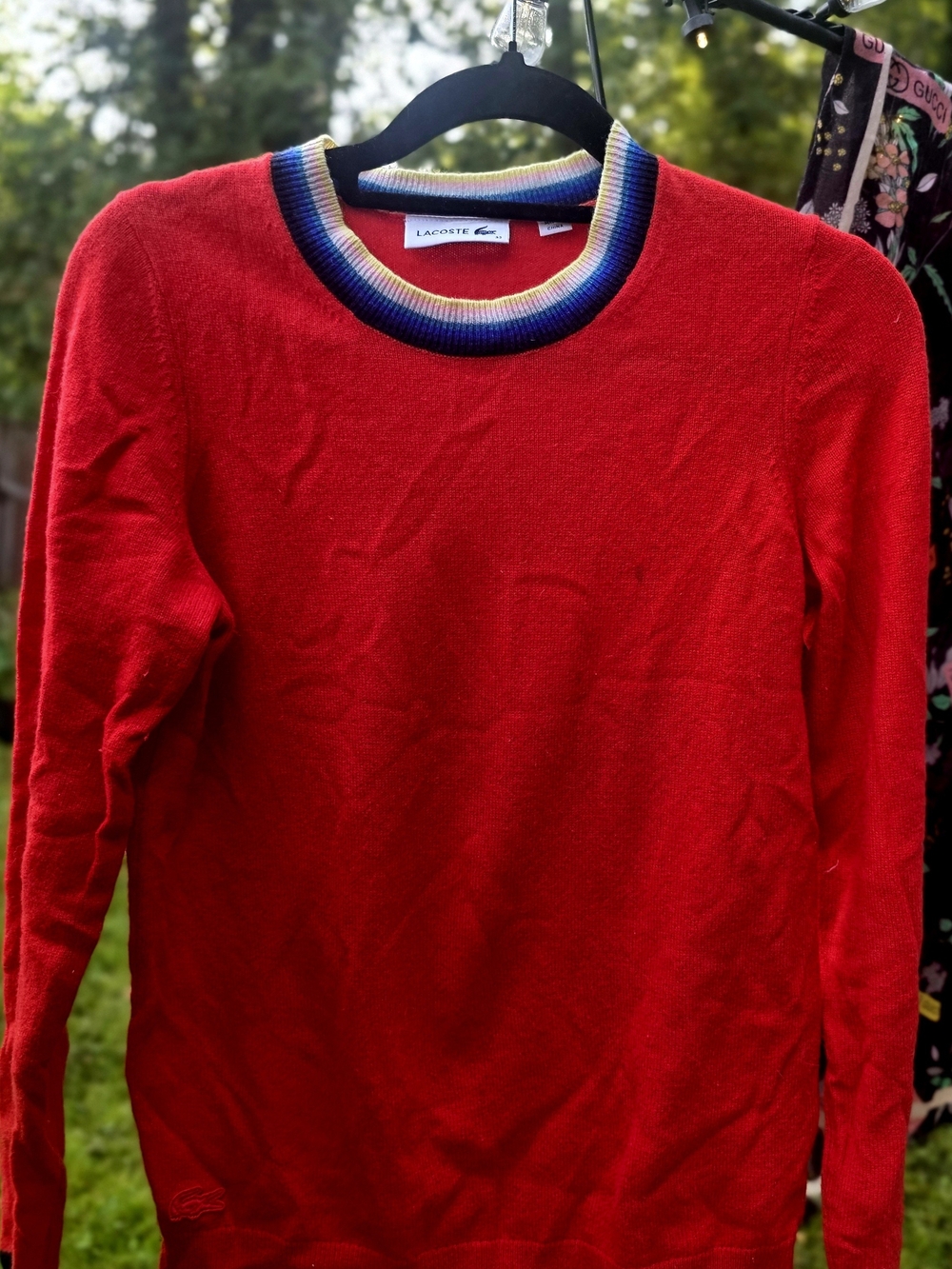 Lacoste Red Crewneck Sweater with Multicolor Ribbed Collar